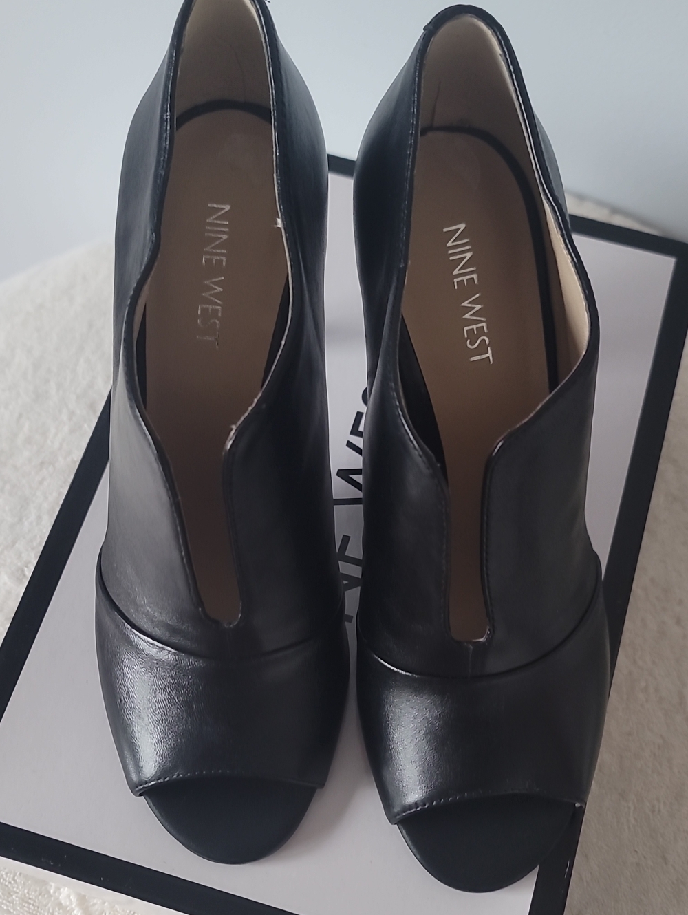 Nine West Black Leather Peep-Toe Booties with Front Slit